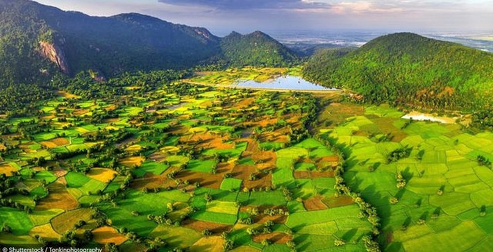 Cánh đồng lúa ở huyện Tri Tôn, tỉnh An Giang, Đồng bằng Sông Cửu Long trông như một "tấm chăn lớn được tạo thành từ nhiều mảnh ghép". Đồng bằng Sông Cửu Long được biết là "vựa lúa" của Việt Nam.