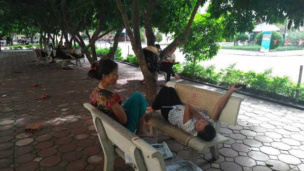 Trong khi đó, bên ngoài, dưới những gốc cây trong khuôn viên nhà trường, một số phụ huynh ngồi, nằm trên ghế đá chờ con.