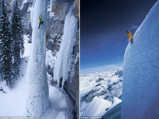 Người leo núi trèo lên thác nước đóng băng trước khi trượt xuống ở Grand Targhee, Wyoming, Mỹ.