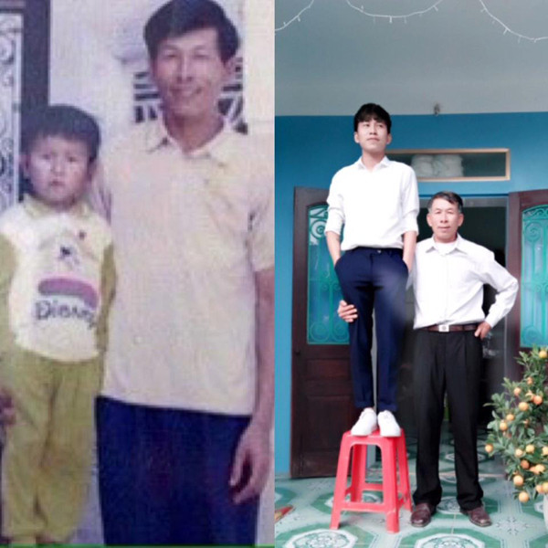 Bức ảnh dễ thương Phùng Văn Thắng chụp cùng bố khi nhỏ và thời điểm hiện tại.