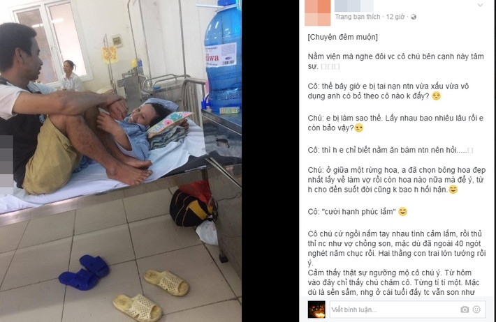 Mới đây, trên mạng xã hội xuất hiện bức ảnh cùng câu chuyện cảm động ngày 20/10 của một đôi vợ chồng ngoài 40 thu hút được sự quan tâm đặc biệt của dư luận. Theo lời kể của người đăng tải bức hình, trong thời gian cô nằm viện vô tình nghe được đoạn đối thoại của đôi vợ chồng nằm giường bên cạnh với nội dung mùi mẫn, ngọt ngào dù họ đã có 2 người con khá lớn. Thứ tình cảm giản dị, sâu sắc mà người chồng trong câu chuyện dành tặng cho vợ có lẽ là món quà tuyệt vời nhất mà bao phụ nữ mong chờ, thay vì những lời chúc hay món quà giá trị vào dịp 20/10. Ảnh trong bài: Beat.vn.