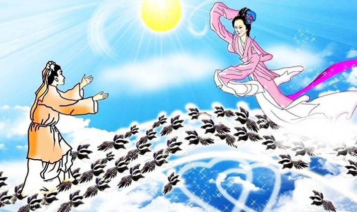 Vợ chồng Ngưu Lang - Chức Nữ chống trả quyết liệt nhưng đối phương quá mạnh nên đành chịu thua. Tưởng đã vĩnh viễn mất đi người vợ yêu quý, đột nhiên, Ngưu Lang được con bò biết nói tiếng người mách lối rằng: “Hãy tóm lấy sừng của tôi. Nó sẽ giúp người đuổi kịp vợ và có thể ở bên cô ấy mãi mãi. Người hãy đặt những đứa con bé nhỏ vào trong sọt tre và mang chúng đi cùng. Tôi thực ra là một vị thần nhưng đã phá vỡ một trong những quy tắc, luật lệ của thiên đình nên bị Ngọc Hoàng Thượng Đế trừng phạt. Tôi bị giáng xuống hạ giới và phải sống trong thân xác của loài bò. Hãy làm theo lời tôi. Nhanh lên nếu không sẽ không kịp”.
