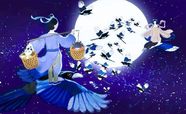 Họ quyết định xuống tắm hồ. Nhưng khi đang ngâm mình dưới nước thì bầu trời trong xanh bỗng chuyển sang màu xám và đen kịt, gió thổi mạnh và sau đó ít lâu mưa trút xuống. 7 công chúa nhỏ của Ngọc hoàng nhận ra đó là tín hiệu của vua cha gọi về. Do đó, họ vội vã lên bờ, mặc xiêm y và bay trở về trời.