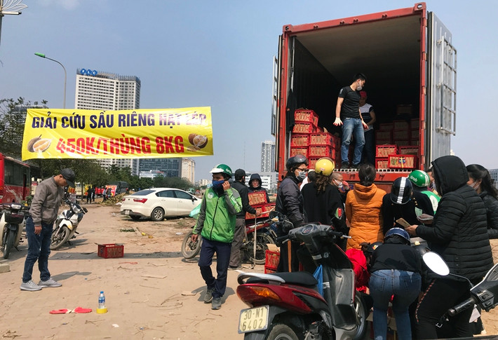 Từ sáng đến trưa ngày 18/2, nhiều người dân Hà Nội đã ùn ùn kéo nhau đến khu vực đường Phạm Hùng (gần bến xe Mỹ Đình, Hà Nội) để mua ủng hộ sầu riêng giá rẻ được vận chuyển bằng xe container đến đây.