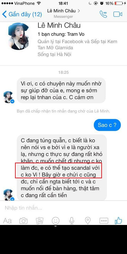 Cụ thể, trong ngày hôm qua 14/2, trên trang cá nhân của Thúy Vi có đăng tải loạt ảnh chụp màn hình, tin nhắn giữa cô và Lê Minh Châu. Cuộc đối thoại giữa hai người diễn ra xung quanh việc Lê Minh Châu muốn Thúy Vi tạo scandal cùng mình để bản thân cô được nhiều người chú ý hơn.