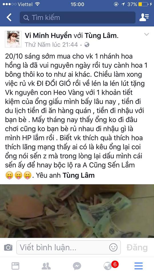 Được biết, cô vợ trẻ hạnh phúc trong câu chuyện là Minh Huyền, Minh Huyền và chồng đã kết hôn được khoảng 6 tháng, hiện cặp đôi đang kinh doanh lại TP HCM. Theo lời kể của nữ chính, con lợn đất bằng vàng này chính là quà 20/10 mà chồng cô dành tặng riêng cho vợ. Trước đó, Tùng Lâm đã tặng vợ 1 bông hoa hồng nhỏ từ sáng, nhưng đến chiều anh bất ngờ lấy ra một chú heo vàng nho nhỏ, ngượng ngùng giấu sau lưng rồi hớn hở giãi bày tình cảm.