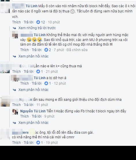 Nhiều bạn trẻ còn nói "phũ" rằng, với sự đen đủi của mình, Tú Linh tốt nhất không nên bình luận cho MU nữa mà hãy bình luận cho đội bạn, những kình địch, đối thủ lớn của "Quỷ đỏ" thì hơn. Tất cả những lời lẽ này khiến bản thân cô hot girl Hà thành cảm thấy rất buồn bực và bức xúc. Tú Linh khẳng định ngay rằng việc đổ lỗi cho cô là nguyên nhân khiến MU thua trận là hoàn toàn vô lý, không có cơ sở nào để kết luận tác động, ảnh hưởng của người làm nhiệm vụ bình luận như cô tới phong độ của các cầu thủ và kết quả của trận đấu.