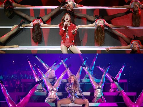 Trang phục của Hồ Ngọc Hà còn bị so sánh với bộ đồ Beyonce từng mặc trong đêm Made in America 2015. Vũ đạo What is love của "nữ hoàng giải trí Việt" cũng khiến người xem liên tưởng đến Beyonce.