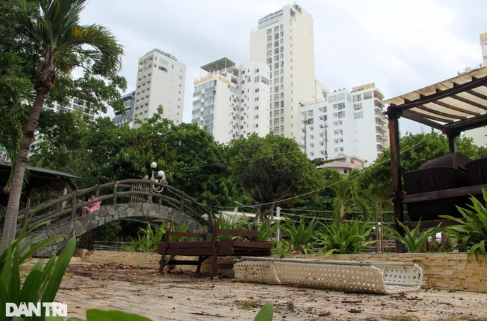 Nhiều hạng mục tại dự án Công viên Phù Đổng hư hỏng, xuống cấp. Giàn khung sắt tại hồ bơi hoen rỉ sau thời gian không sử dụng. Xung quanh, cỏ mọc um tùm, còn cây cối xơ xác. (Ảnh: Dân Trí).
