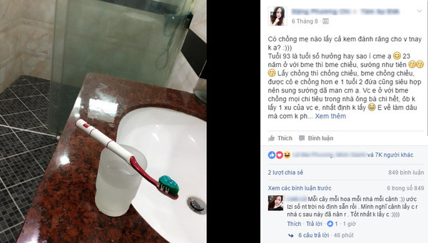 Mới đây, trên một số diễn đàn tâm sự phụ nữ, các chị em nô nức chia sẻ bức ảnh cô vợ 9X được chồng lấy kem và bàn chải đánh răng cho mỗi ngày. Chỉ trong vài giờ đăng tải, bức ảnh đã nhận được hàng nghìn lượt thích và vô số bình luận ngưỡng mộ từ phía dân mạng.