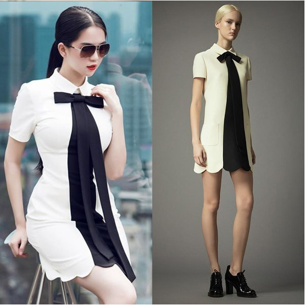 Valentino cũng là một trong những thương hiệu được Ngọc Trinh lựa chọn để nhái lại mẫu váy trắng thắt nơ cổ điển. Tuy nhiên, cô đã "sáng tạo" hơn ở chi tiết chiết eo và lược bỏ đi phần túi.