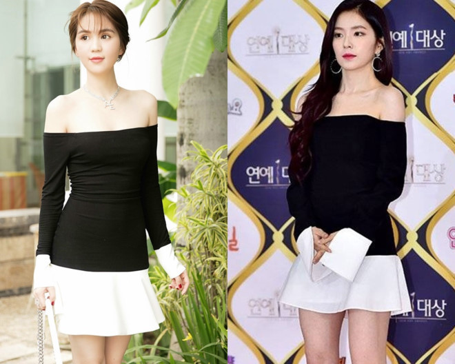 Nếu nhìn sơ qua mọi người sẽ lầm tưởng trang phục của Ngọc Trinh và Irene cùng chung một thương hiệu. Nhưng để ý kỹ hơn thì phom dáng váy và phần ống tay loe của "Nữ hoàng nội y" không mang đến người đối diện vẻ cứng cáp, sành điệu như thành viên Red Velvet. Cô cũng thừa nhận rằng đây chính là mẫu váy nhái được may lại với giá thành thấp.