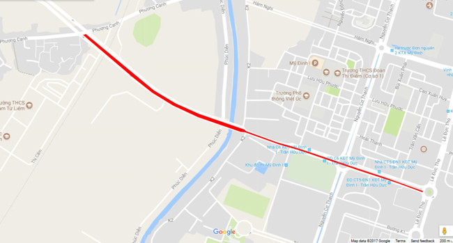 Tuyến đường Trần Hữu Dực kéo dài (vạch đỏ). Ảnh: Google Map.