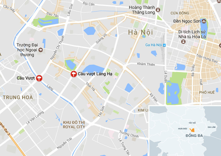 Cầu vượt Láng Hạ cắt ngang phố Huỳnh Thúc Kháng và Thái Hà. Ảnh: Google Maps.