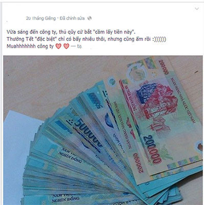 Trước Tết vài ngày, trên mạng xã hội đã tràn ngập những hình ảnh, dòng status của giới trẻ khoe khoang thưởng Tết. Những bạn trẻ mới đi làm luôn rất sung sướng với khoản thưởng Tết đầu tiên lên đến hàng chục triệu của mình.