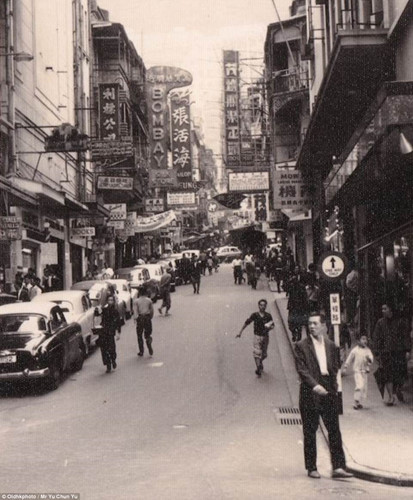 Các cửa hàng, biển quảng cáo san sát nhau trên phố D'Aguilar năm 1952.