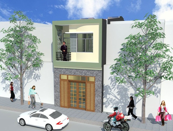 Ngôi nhà đơn giản với cửa gỗ, đúng chất nhà mặt đường thành phố.