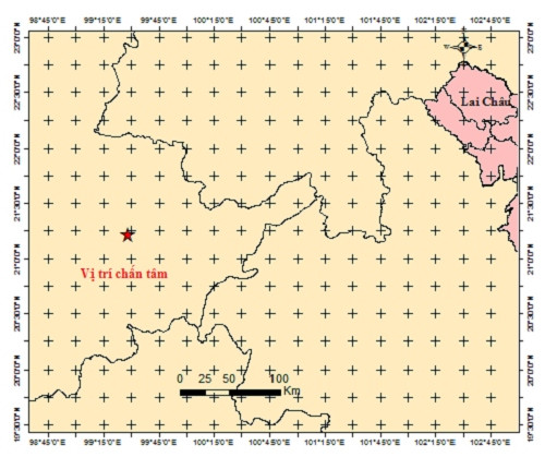 Gần đây nhất, vào ngày 17/11/2023, trận động đất mạnh 5,4 độ Richter xảy ra ở khu vực biên giới Myanmar - Trung Quốc, khiến nhiều tòa nhà cao tầng ở Hà Nội rung lắc. Vị trí tâm chấn trận động đất. Ảnh: Viện Vật lý địa cầu