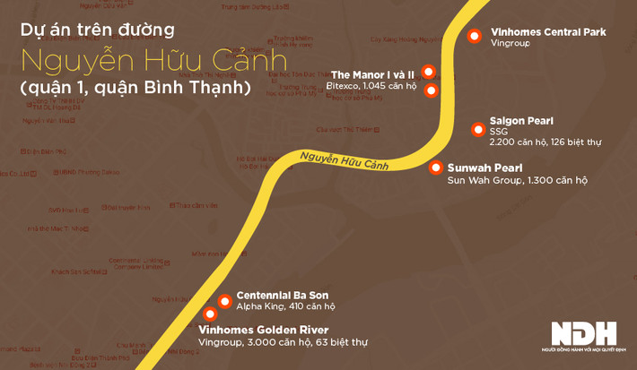 "Rốn" ngập Nguyễn Hữu Cảnh và hàng chục nghìn căn hộ Danh sách các dự án trên đường Nguyễn Hữu Cảnh. Đồ hoạ: Liên Hương.