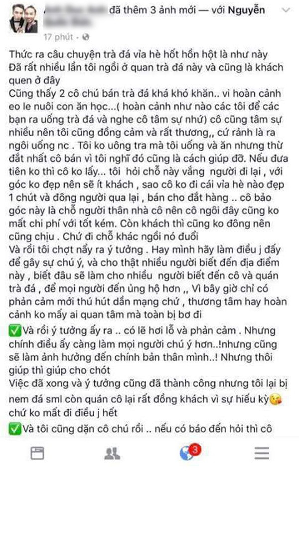 Trước làn sóng phẫn nộ của cộng đồng mạng và dư luận, A.D.A - người được cho là đứng đằng sau toàn bộ việc dàn dựng, tung clip trà đá nước rửa chân lên mạng đã lên tiếng. Nhưng những gì mà A.D.A chia sẻ trong status mới nhất của mình chỉ càng làm làn sóng phản ứng thêm gay gắt. A.D.A cho biết: "Thực ra câu chuyện trà đá vỉa hè là như này: Cũng thấy 2 cô chú bán trà đá khá khó khăn vì hoàn cảnh nuôi con ăn học tôi chợt nghĩ ra ý tưởng hay mình làm gì đấy để gây sự chú ý và cho thật nhiều người biết đến địa điểm này, biết đâu sẽ làm nhiều người biết đến cô và quán trà đá...".