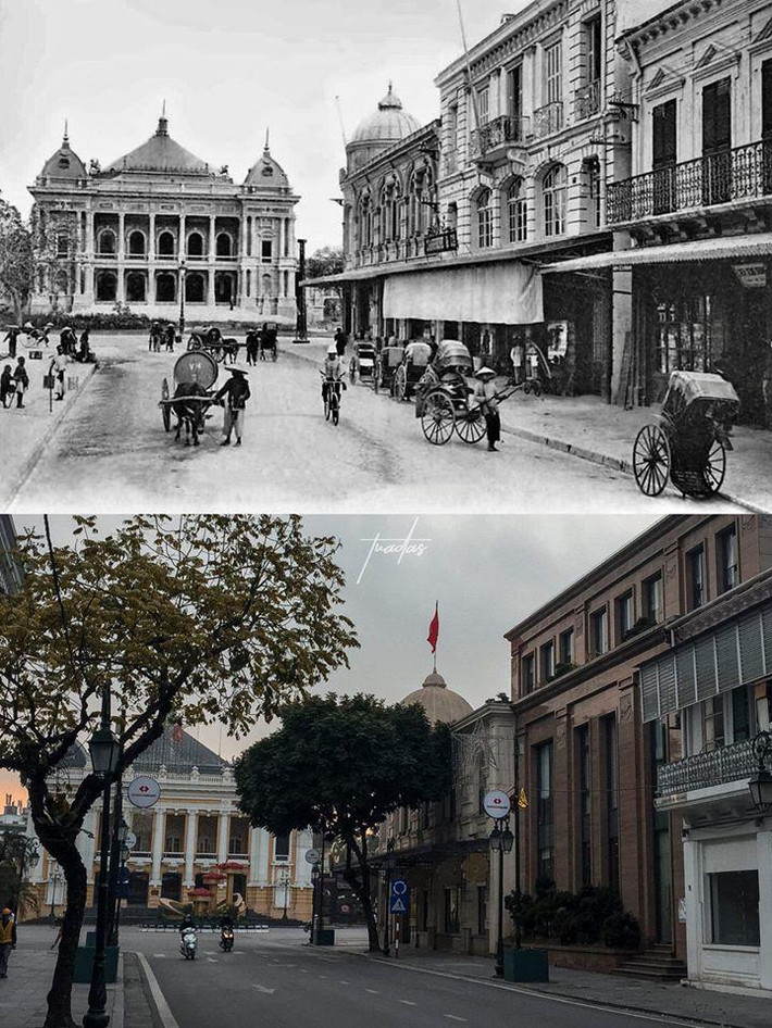 Hà Nội nghìn năm văn hiến là một thành phố phát triển trong lịch sử. Rất nhiều người tò mò về hình ảnh khác biệt của Hà Nội trong quá khứ bởi tư liệu về giai đoạn cũ khá hiếm hoi. Vừa qua, nick Facebook có tên Das đã chia sẻ những bức ảnh chụp Hà Nội từ 100 năm trước, đi kèm đó là hình ảnh hiện tại để so sánh. Bạn có tò mò Hà Nội đã "thay da đổi thịt" như thế nào trong suốt 100 năm qua? Ảnh: Nhà Hát Lớn Hà Nội xưa và nay.