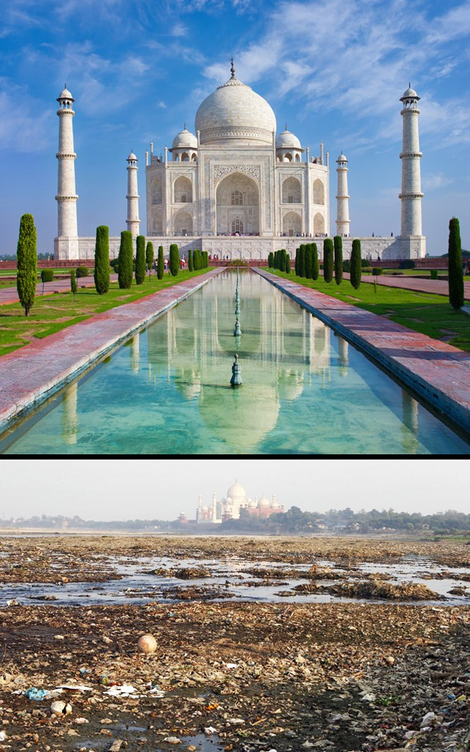 12. Đền Taj Mahal, Ấn Độ: Trên internet, có hàng triệu bức ảnh về vẻ đẹp tuyệt vời của Taj Mahal. Thật khó để tượng tượng, nó lại nằm gần một bãi rác khổng lồ. Đây từng là địa điểm dành cho khách du lịch, nhưng khu vực này giờ đây đã trở thành địa bàn của chó hoang, muỗi, rắn và kền kền và nghiêm trọng hơn là nó đang phá hủy vẻ đẹp của đài tưởng niệm tình yêu Taj Mahal.