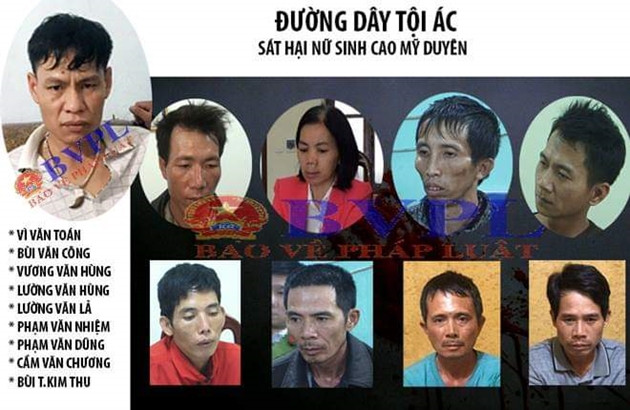 Quá trình điều tra Cơ quan CSĐT Công an tỉnh Điện Biên đã khởi tố, bắt tạm giam 8 bị can là: Vương Văn Hùng; Bùi Văn Công (SN 1975, trú tại: Đội 11, xã Thanh Nưa); Phạm Văn Nhiệm (SN 1976, trú tại Đội 19, xã Thanh Nưa); Lường Văn Hùng (SN 1991, trú tại bản Na Hí, xã Hua Thanh); Lường Văn Lả (SN 1991, trú tại bản Mển, xã Thanh Nưa); Cầm Văn Chương (SN 1974 ở Đội 7, xã Hua Thanh); Bùi Thị Kim Thu (SN 1975 ở Đội 11, xã Thanh Nưa); Vì Văn Toán (SN 1982 ở Đội 5, xã Thanh Yên) về hành vi Giết người, Cướp tài sản, Hiếp dâm, Bắt giữ người trái pháp luật, Tàng trữ trái phép chất ma túy, Không tố giác tội phạm.