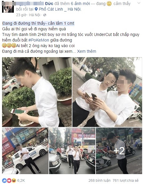 Hôm 12/8, loạt ảnh chụp hai "soái ca" mặc sơ mi trắng, khá đẹp trai đi bắt Pokemon trên đường phố Hà Nội được một tài khoản Facebook tên Q.Đức đăng tải đã gây "bão" trên nhiều fanpage nổi tiếng. Loạt ảnh chụp trên phố Cát Linh thời điểm lưu lượng các phương tiện giao thông khá đông đúc. Phong thái ung dung, mặt luôn "dán vào màn hình" điện thoại của hai "soái ca" khiến rất nhiều người chứng kiến khó chịu, ngứa mắt.