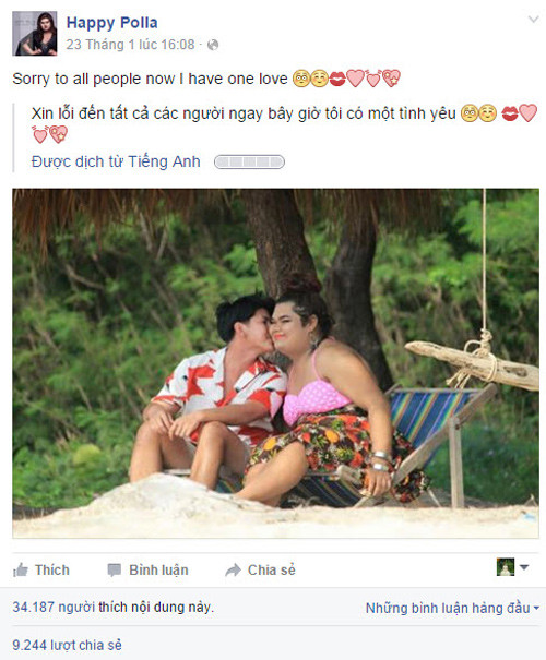Sau lần khoe bạn trai mới, dân tình đã thích thú lục lại thiên tình sử của Happy Polla vào đầu năm vừa rồi. Vào ngày 23/1, “Mỹ nhân” xấu phát hờn phấn khởi đăng ảnh ôm hôn thắm thiết một chàng trai lạ mặt trên bờ biển với dòng chia sẻ “Xin lỗi tất cả mọi người, hiện tại tôi đã có một tình yêu”. Bức ảnh sau vài giờ đăng tải nhận được gần 40 nghìn lượt like và gần 10 nghìn lượt chia sẻ.