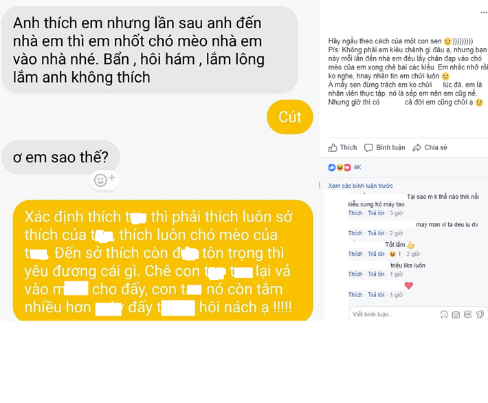 “Hãy ngầu theo cách của một con sen. Không phải em kiêu chảnh gì đâu ạ, nhưng bạn này mỗi lần đến nhà em đều lấy chân đạp vào chó mèo của em xong chê bai các kiểu. Em nhắc nhở rồi không nghe, hôm nay nhắn tin em chửi luôn. À mấy sen đừng trách em không chửi anh lúc đá, em là nhân viên thực tập, anh là sếp em nên em cũng nể. Nhưng giờ thì có thế nào cả đời em cũng chửi ạ.” Trò chuyện cùng Linh, chủ nhân của câu chuyện trên thì được biết, Linh sinh năm 1997, là du học sinh vừa từ Úc trở về và đang thực tập tại 1 công ty Hải Phòng. Người đàn ông mà Linh nhắc đến trong câu chuyện trên hiện là sếp cô ở cơ quan. Hiện tại Linh đang nhận nuôi 3 chú chó, 1 chú mèo trong nhà.
