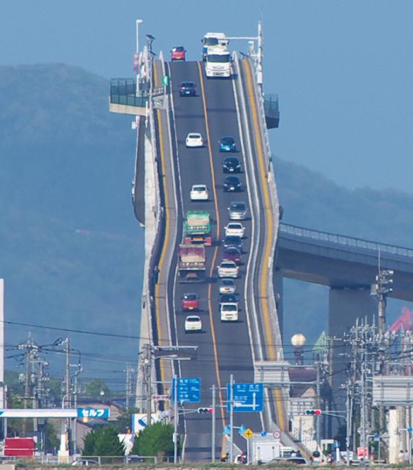 10. Eshima Ohashi (Nhật Bản): Cây cầu Eshima Ohashi trông đẹp như một bức tranh và nếu ngắm ảnh nhiều người sẽ lầm tưởng đây là một đường đua ô tô bởi độ dốc gần như thẳng đứng của nó.Cũng chính vì độ dốc ấy mà cầu Eshima Ohashi được coi là cầu nguy hiểm bậc nhất thế giới. Nhiều người thậm chí còn không dám nhìn khi thấy những chiếc ô tô di chuyển trên cây cầu dốc này. Nhưng trên thực tế, xe ô tô lưu thông qua đoạn cầu này khá thoải mái, với độ dốc về phía Matsue là 6,1% và bên còn lại là 5,1% (độ dốc cầu bình thường cho phép là dưới 10%). Cây cầu này bắt đầu xây dựng từ năm 1997 và chính thức đi vào hoạt động năm 2004, nối liền hai thành phố Matsue và Sakaiminato. Tổng chiều dài cầu là 1.700m. Điểm cao nhất của cầu so với mặt biển là 45m. Cầu được xây cao như vậy là để những tầu trên 500 tấn có thể đi lại bên dưới. Nhịp chính của cây cầu dài 250m, chiều dài số 1 Nhật Bản và thứ 3 thế giới.
