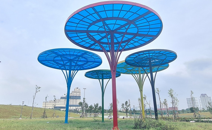 Hệ thống đường đi, cây cỏ và nhiều hạng mục khác bên trong công viên đều đang dần hoàn thiện.