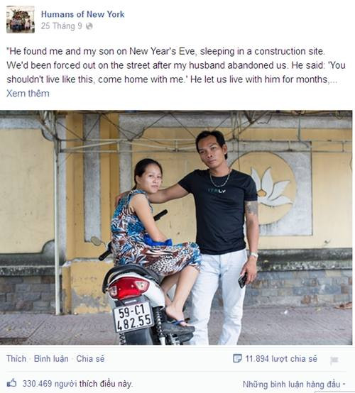 "Vợ nhặt" - Chuyện tình yêu của anh Tài, chị An trên fanpage nổi tiếng Humans of New York tạo cơn sốt mạng trong và ngoài nước: "Anh ấy tìm thấy tôi và con trai tôi vào ngày cuối năm, khi chúng tôi đang ngủ ở một công trường xây dựng. Tôi bị chồng cũ đuổi đánh ra đường và không còn nhà để về. Anh nói với tôi: "Em không nên sống như thế này nữa, hãy về nhà với anh". Anh ấy để mẹ con tôi sống chung nhiều tháng trời mà không đòi hỏi bất cứ thứ gì. Anh còn đối xử rất tốt với con trai tôi. Thỉnh thoảng khi đi làm về, tôi bắt gặp anh ấy đang công kênh con trai tôi trên vai. Sau vài tháng, chúng tôi bắt đầu có tình cảm với nhau".
