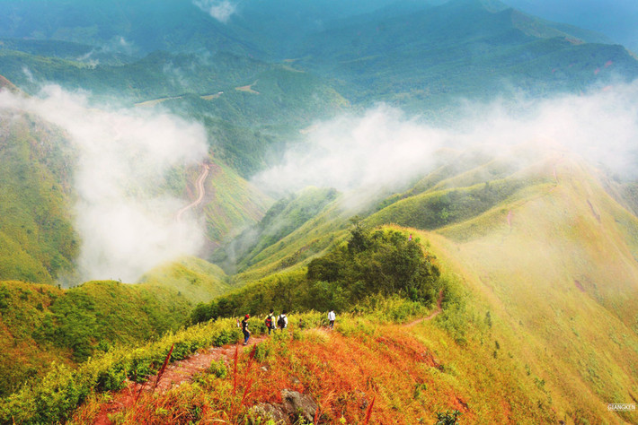 Cũng tựa như “sống lưng khủng long” Tà Xùa của Tây Bắc, con đường mòn vẽ trên đỉnh núi uốn lượn lên cao như vô tận, sau khi xuyên qua rừng thông, rừng trúc, đòi hỏi sức bền và lòng quyết tâm cao.