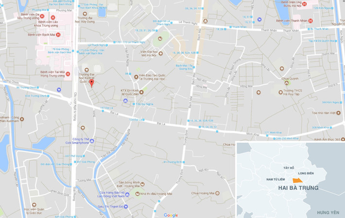 Vụ cháy xảy ra tại ngõ 41, phố Vọng, phường Đồng Tâm, quận Hai Bà Trưng, Hà Nội (Chấm đỏ). Ảnh: Google Maps.