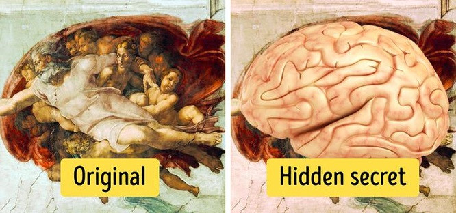 6. Giải phẫu trong bức tranh của Michelangelo: Michelangelo không chỉ là một nghệ sĩ xuất sắc mà còn là một thiên tài về giải phẫu học. Tác phẩm The Creation of Adam của ông đã từng được đem ra tranh luận vì hình dạng chiếc áo choàng rất giống với bộ não con người. Giả thuyết trở nên dễ hiểu khi tác giả Michelangelo không phải là người cuồng tín tại nhà thờ thời bấy giờ, và người ta cho rằng họa sĩ cố tình thể hiện tác phẩm theo hướng đó.