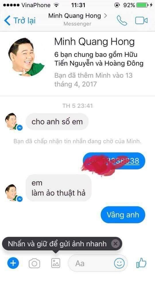 Theo như hình ảnh, thì Minh Béo chủ động làm quen với chàng trai này vào tháng 4/2017 tức là chỉ mới trước khi diễn viên hài này đăng tải clip xin lỗi khán giả nhưng bị cho là giả tạo.