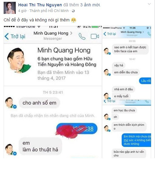 Mới đây, trên Facebook cá nhân của mình, hoa hậu quý bà Thu Hoài bất ngờ đăng tải một loạt hình ảnh chụp hình tin nhắn được cho là của Minh béo với một chàng trai ảo thuật gia trẻ.