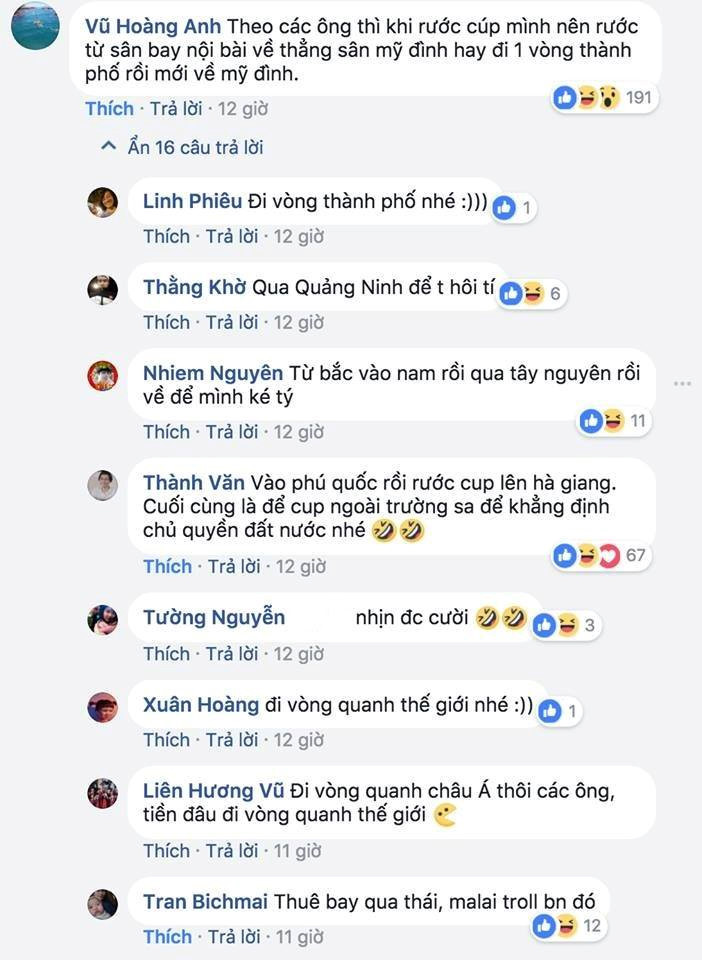 Người hâm mộ thậm chí còn tính toán trước lịch trình rước cup vô địch. Trước mắt Bùi Tiến Dũng và các đồng đội là hai trận đấu để có thể chạm đến ngôi vị cao nhất. Các chàng trai cần vượt qua U23 Quatar ở bán kết để tiếp tục nuôi hy vọng. Ảnh chụp màn hình.