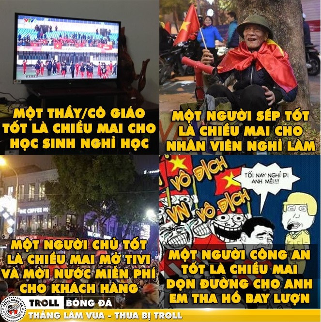 Dân mạng liệt kệ "Nội quy 4 tốt". Nhiều kịch bản đã được chuẩn bị để đón chờ trận cầu chiều 23/1. Các hội nhóm đã lập kế hoạch cùng xem và cổ vũ cho các chàng trai Việt Nam. Người hâm mộ cả nước đang sống trong không khí bóng đá cuồng nhiệt - điều rất hiếm thấy kể từ sau chiến thắng của Việt Nam tại AFF Suzuki Cup 2008. Ảnh: Troll bóng đá.