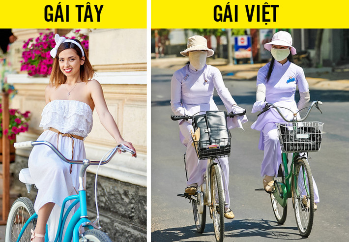 5. Người Việt thích da trắng: Cũng như nhiều nước châu Á thì phụ nữ Việt cũng quan niệm da trắng là đẹp và quyến rũ. Vì vậy họ thường che chắn rất kỹ khi ra nắng, Snezhana cho biết. Snezhana chia sẻ, khi trời nóng, gái Việt thường quấn những chiếc "váy" tránh nắng nhìn như tạp dề, đeo găng tay dài, khẩu trang kín mít và mặc áo dài tay. Ngoài ra khẩu trang cũng giúp họ tránh bụi bẩn trên đường phố.
