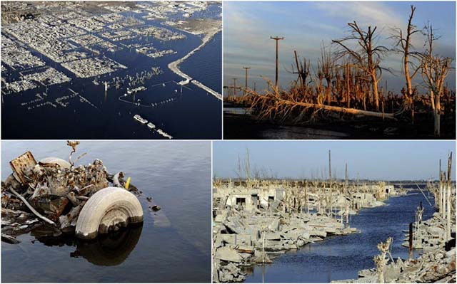 1. Làng Epecuen, Buenos Aires: Làng Epecuen trong những năm gần đây trở thành một địa điểm du lịch nổi tiếng, sau khi di tích này bị nhấm chìm trong dòng nước đến 50 năm. Vào những năm 1920, nơi này là nhà của hơn 5000 nghìn người. Nhưng thời tiết ngày càng trở nên xấu đi khiến lượng mưa tăng mạnh suốt năm, hồ muối gần đấy không còn sức chứa và nhấn chìm mọi thứ trong nước. Năm 1985, hồ muối bị vỡ khiến ngôi làng chìm sâu nước hàng trăm mét. Nhiều thập kỷ trôi qua, nước dần rút đi, cho đến năm 2009, ngôi làng mới lộ rõ trên mặt đất. Bên trong những ngôi nhà vẫn còn lưu giữ những đồ vật cổ xưa rất có giá trị.