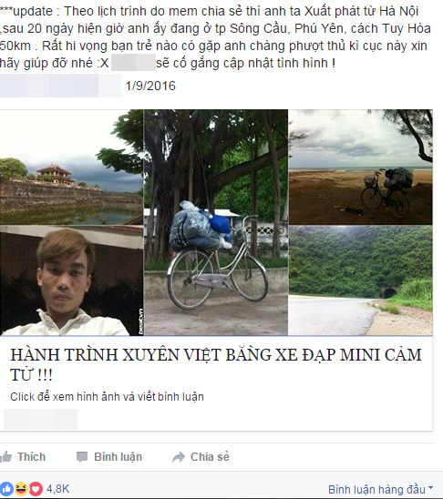 Mới đây, dân mạng Việt dành sự quan tâm đặc biệt cho câu chuyện của anh chàng phượt thủ 9X đi từ Bắc – Nam chỉ bằng chiếc xe đạp mini cà tàng cùng những đồ dùng đơn sơ. Tuy hành trang chỉ vỏn vẹn vài bộ quần áo cùng những vật dụng tư trang cần thiết nhưng với nghị lực phi thường chàng trai này đã đi từ Hà Nội đến được Phú Yên và cuộc hành trình vẫn đang được tiếp tục. Sau khi câu chuyện được chia sẻ trên mạng xã hội đã có khoảng gần 5 nghìn lượt thích cùng hàng trăm bình luận của mọi người về hành động dám nghĩ, dám làm của anh.