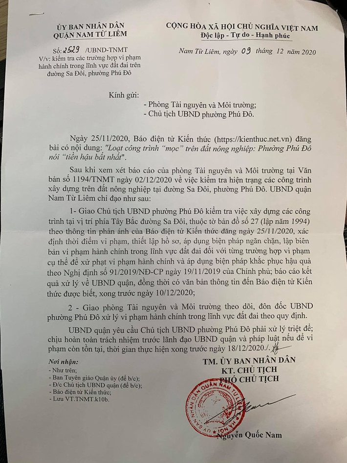 Ngày 9/12/2020, ông Nguyễn Quốc Nam - Phó Chủ tịch UBND quận Nam Từ Liêm đã ký ban hành văn bản giao Chủ tịch UBND phường Phú Đô kiểm tra về việc xây dựng các công trình tại vị trí phía Tây Bắc đường Sa Đôi. Phó Chủ tịch quận Nam Từ Liêm còn yêu cầu, Chủ tịch phường Phú Đô báo cáo kết quả về UBND quận, đồng thời có văn bản thông tin đến Báo điện tử Kiến Thức, xong trước ngày 10/12/2020...