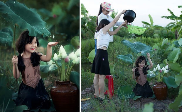 Người mẫu nhí dễ thương có được một bức ảnh vui đùa trong mưa rất ấn tượng. Nhưng phía sau hậu trường, hai người hỗ trợ đã phải làm việc khá vất vả để tạo ra được cơn mưa giả đầy tự nhiên, đúng ý của nhiếp ảnh gia. Sự trau truốt đến từng chi tiết nhỏ, sự nỗ lực của toàn bộ ekip luôn tạo ra hiệu quả là những bức ảnh đẹp và ảo diệu.