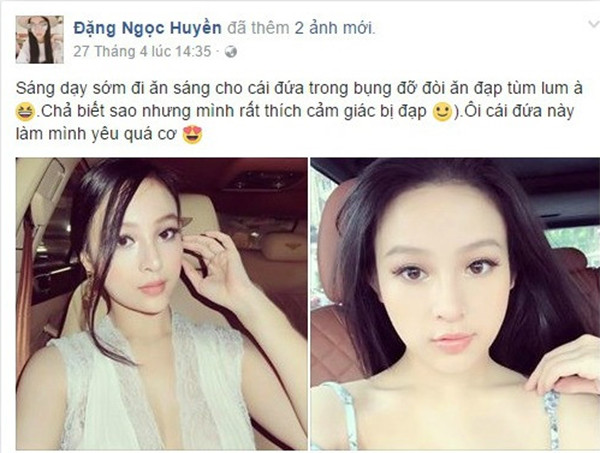 Dù mang thai 4 tháng, hot girl Huyền Baby vẫn được nhiều bạn bè khen ngợi có gương mặt xinh đẹp, vóc dáng thon gọn. Bên cạnh đó, dân mạng cũng không quên chúc mừng gia đình cô sắp đón thêm thành viên mới.