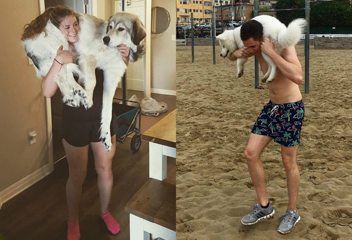 4. Tập squat với cún cưng: Thay vì nâng tạ, dân mạng tham gia trào lưu khá thú vị này tập squat bằng cách nhấc cún cưng lên. Các clip, hình ảnh được chia sẻ kèm hashtag #squatyourdog. Ảnh: loggiebur, aljatavcar.