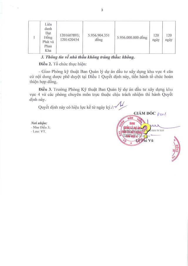Một phần Quyết định số 67/QĐ-QLDAKV4, do ông Lê Phi Vũ, Giám đốc Ban Quản lý dự án đầu tư xây dựng khu vực 4 ký phê duyệt. kq2.png