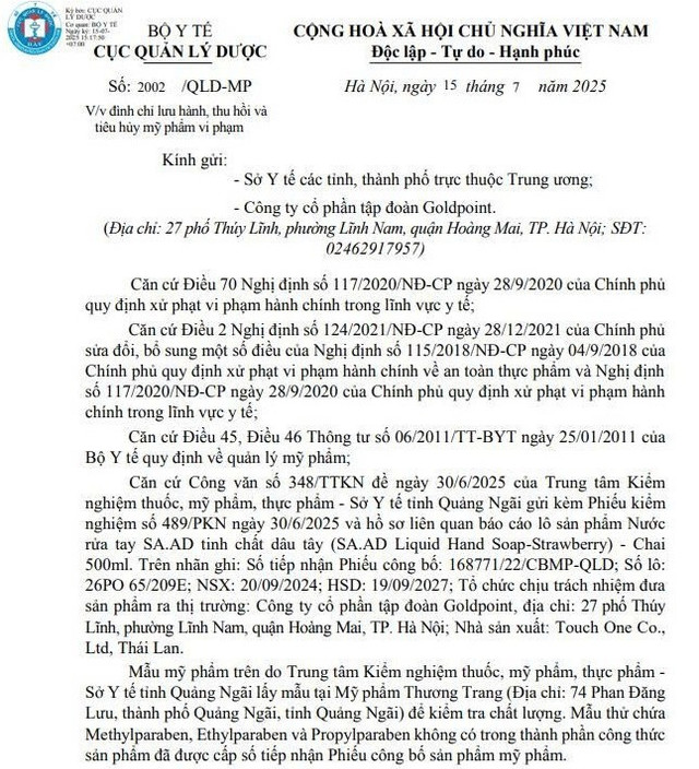 Thông báo của Cục Quản lý Dược về đình chỉ lưu hành, thu hồi trên toàn quốc lô sản phẩm nước rửa tay SA.AD tinh chất dâu tây - Ảnh chụp màn hình nuoc-rua-tay-2.jpg