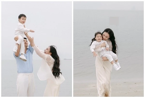 Hồ Quỳnh Hương vui đùa cùng chồng con trên bãi biển